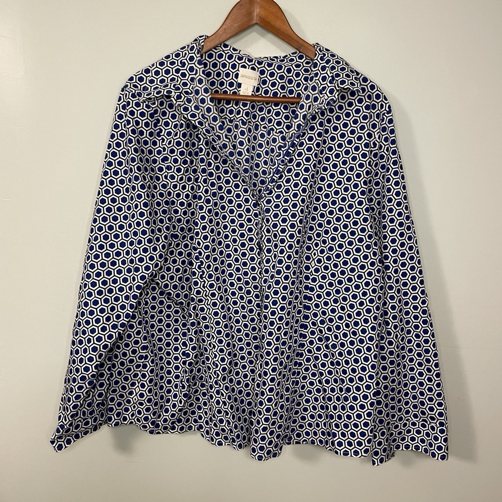 Chico's No-Iron Blouse Geometric Button Up Shirt Blue 4 US XXL - Picture 1 of 7